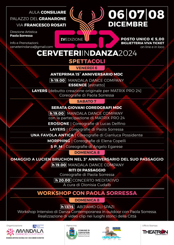 Il festival Cerveteri In Danza si chiude l'8 dicembre alle ore 19, con la presentazione dello spettacolo RITI DI PASSAGGIO, dedicato a Lucien Bruchon
