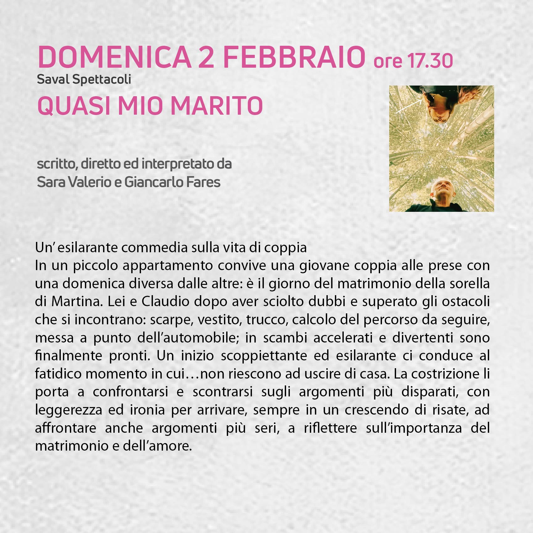radiotusciaevents.com "QUASI MIO MARITO", COMMEDIA SULLA VITA DI COPPIA AL TEATRO BONI Domenica 2 febbraio Sara Valerio e Giancarlo Fares protagonisti ad Acquapendente