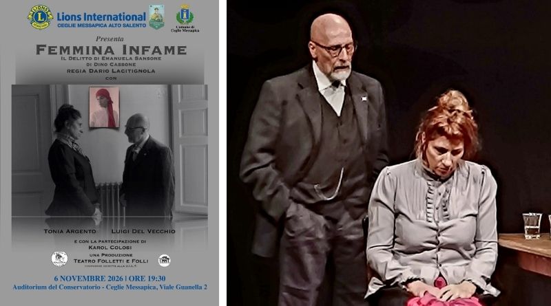 Luigi Del Vecchio e Tonia Argento in una scena dello spettacolo Femmina Infame, accanto alla locandina dell'evento a Ceglie Messapica.