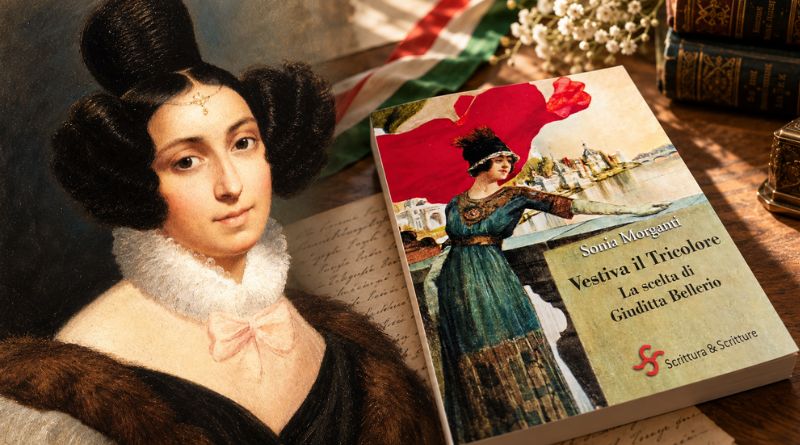 Ritratto di Giuditta Bellerio Sidoli accanto alla copertina del romanzo Vestiva il Tricolore di Sonia Morganti.
