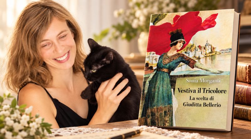 Sonia Morganti con il suo gatto accanto alla copertina del romanzo Vestiva il Tricolore, dedicato a Giuditta Bellerio Sidoli.